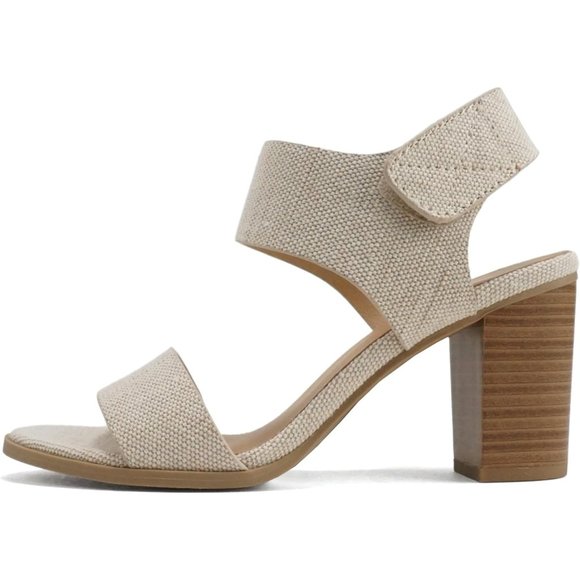 Shoes - Women Open Round Toe Chunky Ankle Strap High Heel Dress Canvas Beige Sandals